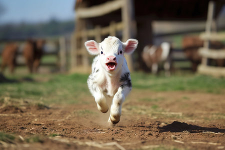 young white calf running in the farmの素材