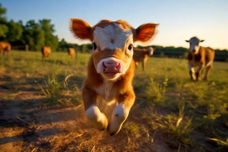 brown baby calf jumping at golden hourの素材