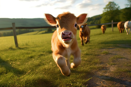 brown baby calf running in the paddock at sunsetの素材