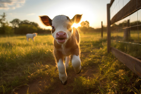young baby calf at sunsetの素材