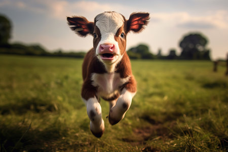 cute baby calf jumping in the paddockの素材
