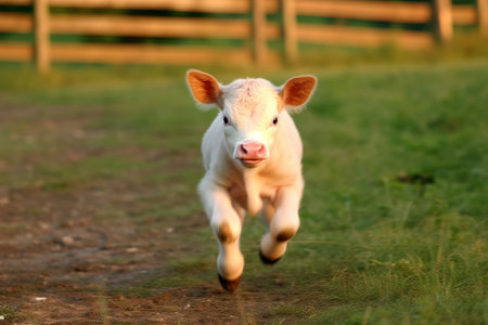 cute baby calf running on the paddock looking at the cameraの素材