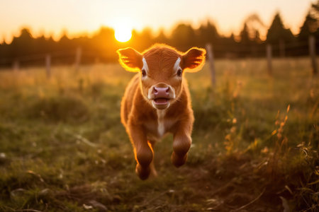brown baby calf running towards the camera at golden hourの素材