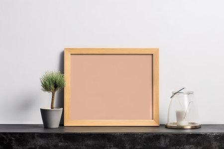 horizontal blank frame on a modern table with trendy plantの素材