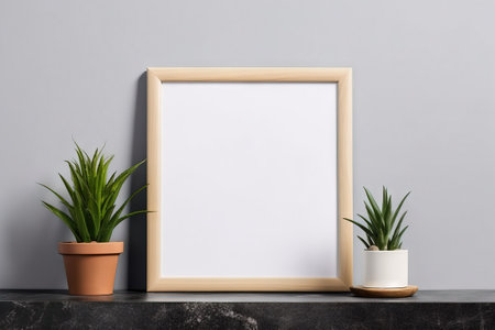 modern square blank mockup on a wooden table with trendy plantの素材