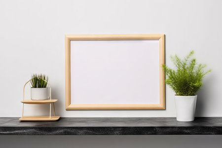 horizontal blank frame on the wall with trendy plant on a marble tableの素材