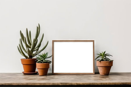 blank horizontal frame with plants over the tableの素材