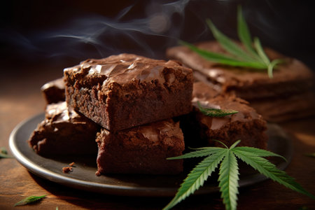 weed brownies with cannabis leaves on a plateの素材