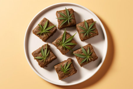 weed brownies with marijuana leaves over themの素材