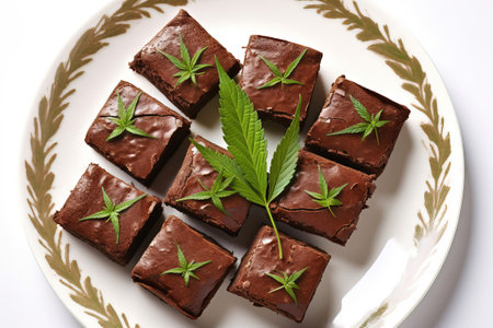 weed brownies on a white plate with cannabis leaves on topの素材