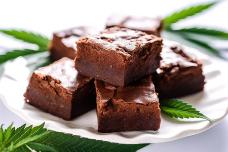 cannabis brownies with marijuana leaves on a white plateの素材