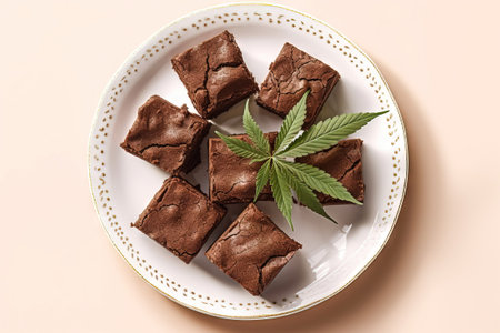 weed brownies on a white plate with cannabis leavesの素材