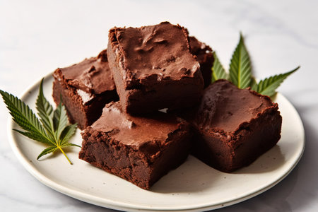 crazy brownies with marijuana leaves on a white plateの素材