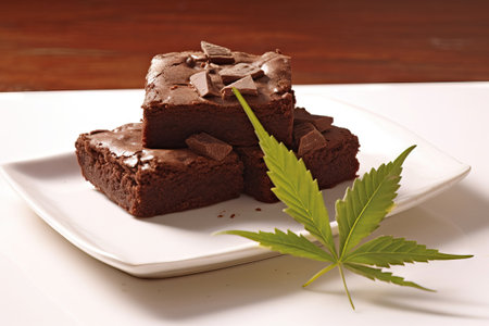 crazy brownies with chocolate chips and cannabis leaves on a white plateの素材