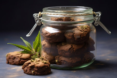 weed brownies on a glass jar with marijuana leaves at a sideの素材