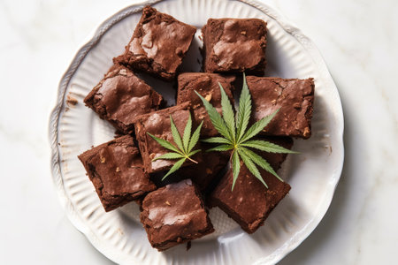 weed brownies on a white plate with marijuana leavesの素材