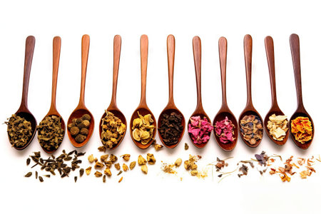 tea strands on wooden spoon lay flat over a white backgroundの素材