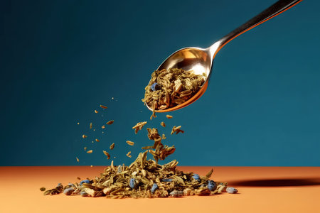 tea strands on a spoon with a studio backgroundの素材