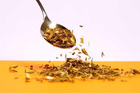 tea strands falling from a spoon over a two colored backgroundの素材