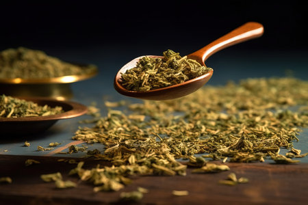 tea strands on a wooden spoonの素材