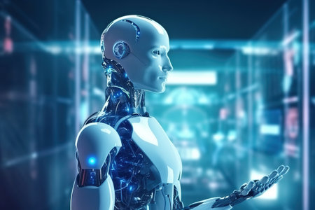ai male robot on a futuristic blue backgroundの素材