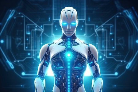 white robot with glowin parts over a ai backgroundの素材