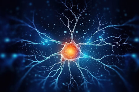 conceptual neuron with blue background - electric impulsesの素材