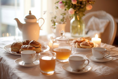 classic tea table served with cake and flowers with warm color paletteの素材