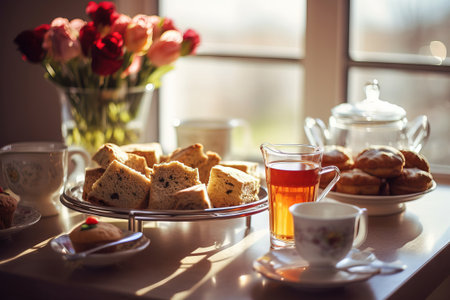 modern tea table set with cake and flowers next to the windowの素材