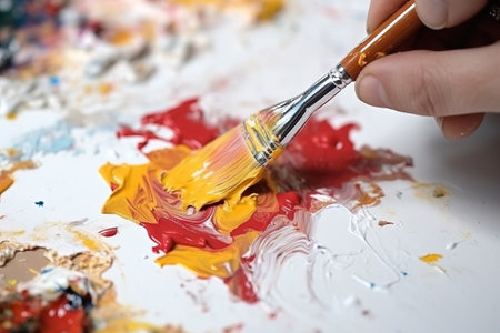 band painting with a brush yellow red whiteの素材