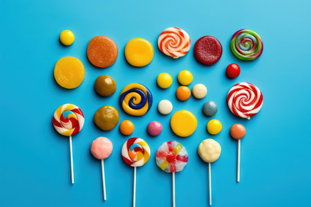 different candy lay flat over a skye blue studio background with vibrant colorsの素材
