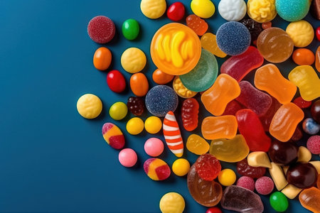 different candy over a dark blue studio background with vibrant colorsの素材
