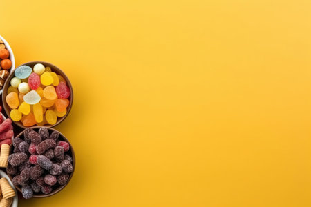 different candy on a bowl over a yellow vibrant studio background with space for textの素材