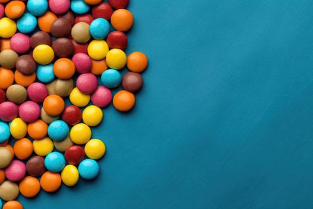 different candy lay flat over a blue  vibrant studio background with space for textの素材
