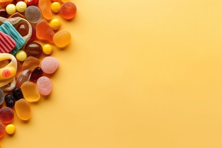 different candy over a yellow vibrant studio background with space for textの素材
