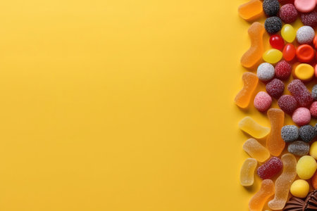 different candy lay flat over a vibrant studio background with space for textの素材
