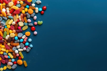 different candy lay flat over a blue vibrant studio background with space for textの素材