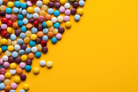 different candy lay flat over a yellow vibrant studio background with space for textの素材