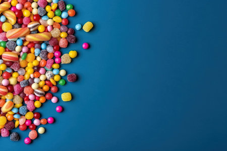 different candy lay flat over a blue vibrant studio background with space for textの素材
