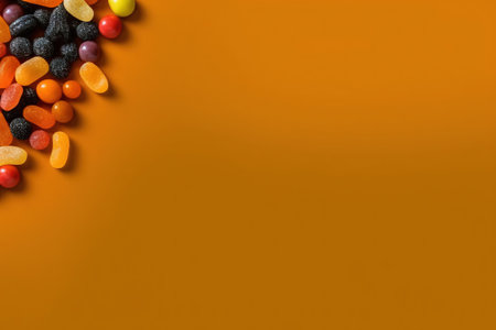 different candy lay flat over a orange vibrant studio background with space for textの素材