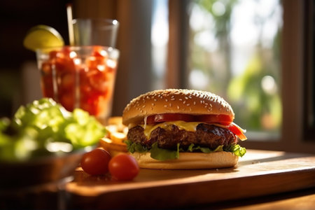burger meal at thome next to the windowの素材