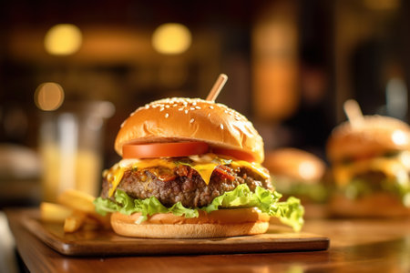 tasty burger with wooden stick on top at a restaurantの素材