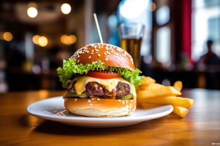 tall burger on a white plate with fries on a restaurantの素材