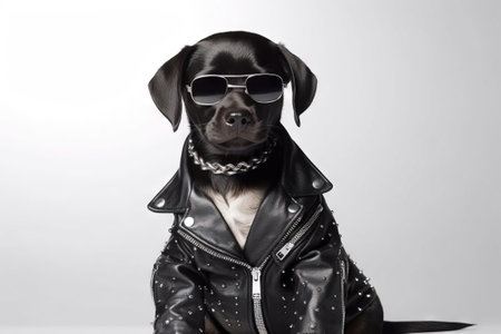 portrait of a black dog with sunglasses dressed in a leather jacketの素材