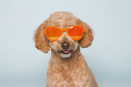studio portrait of  a golden poodle with orange sunglasses over a white backgroundの素材