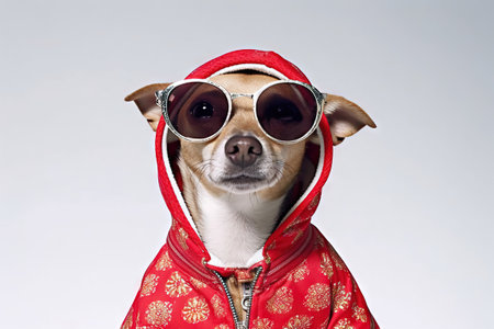 cute looking portrait of a dog on a hooded jacketの素材