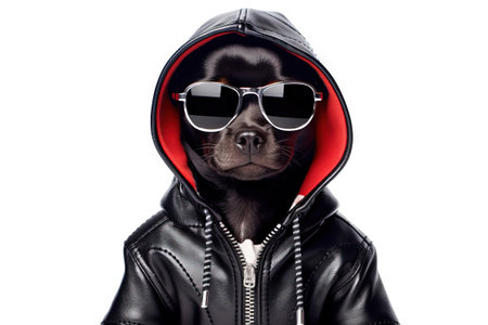 studio portrait of a dog with sunglasses on a black leather hooded jacketの素材