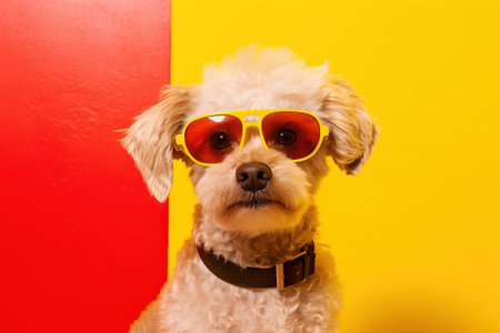 pop portrait of a poodle dog with yellow sunglasses over red and yellow backgroundの素材