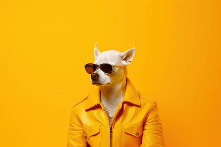pop portrait of a dog with sunglsses on a yellow leather jacket over a yellow backgroundの素材