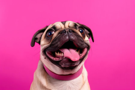 pop portrait of a smiling dog with pink collar over a pink backgroundの素材